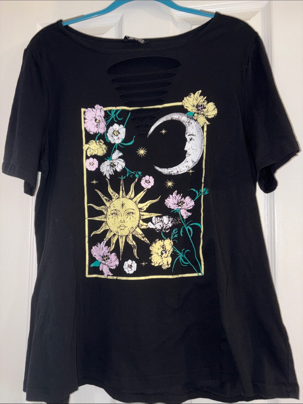 Bloomchic Black Sun & Moon Graphic Short Sleeve Tee with Floral Print